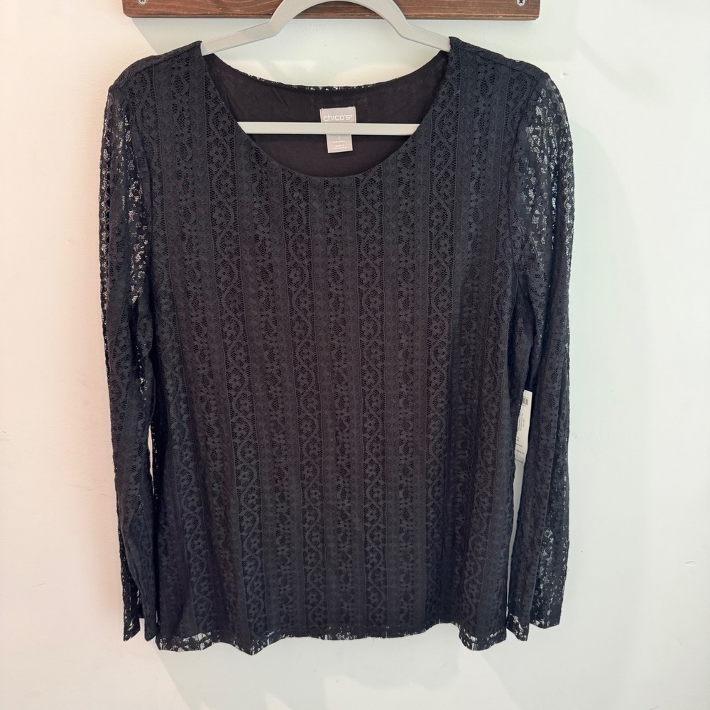 Chicos All Over Lace Top Black Long Sleeve Knit Scoop Neck Size 2 Large NWT